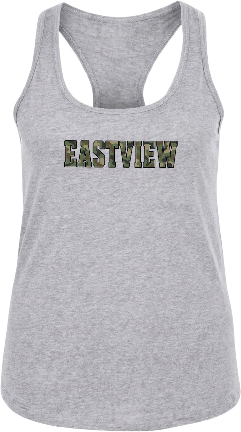 A gray tank top with the word "EASTVIEW" printed on it in a camouflage pattern.