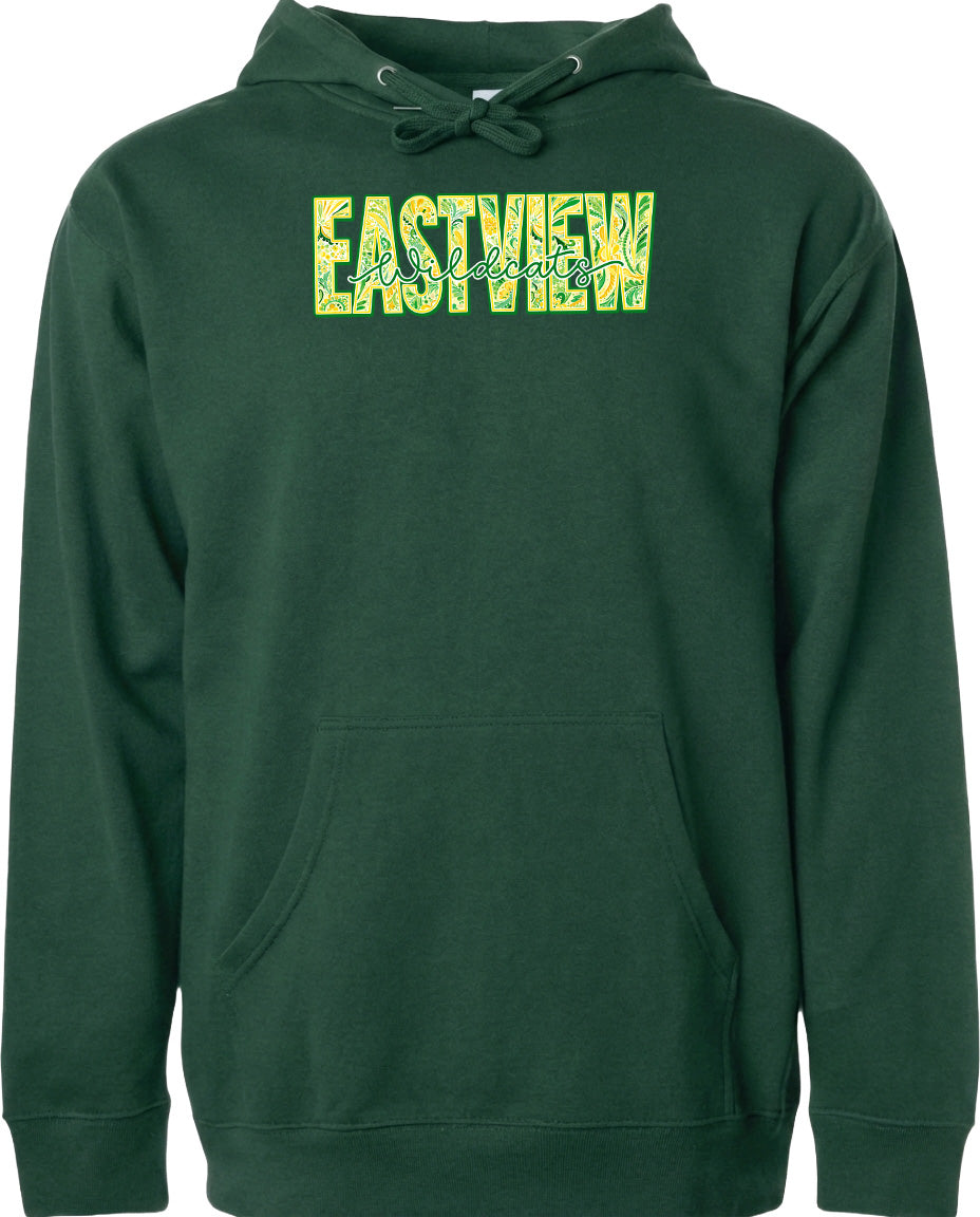 A dark green hoodie with a large yellow text logo on the front.