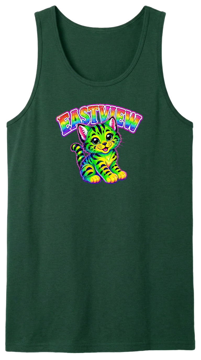 A green tank top with a colorful graphic of a cat and the text "EASTVIEW" printed on it.
