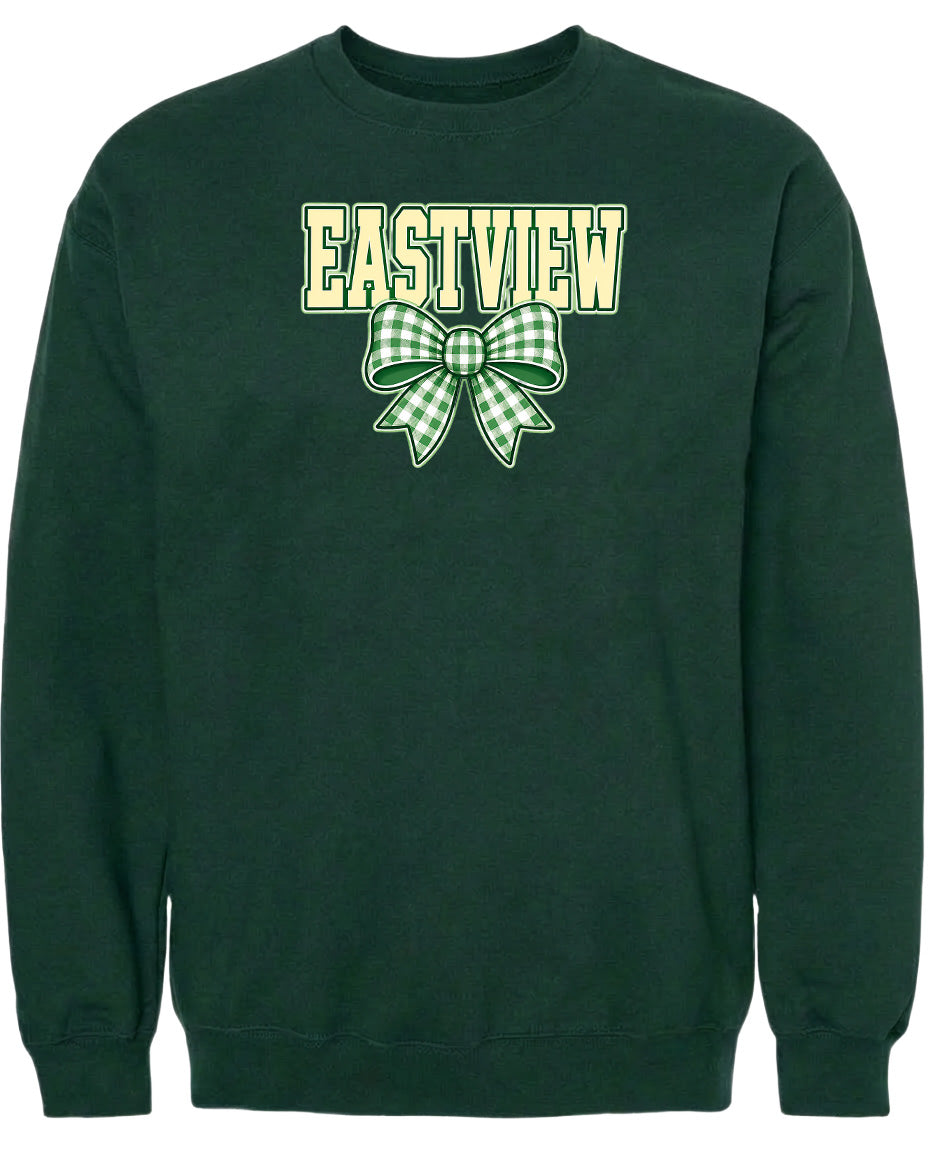 A dark green sweatshirt with a large green bow and the word "EASTVIEW" printed on it.
