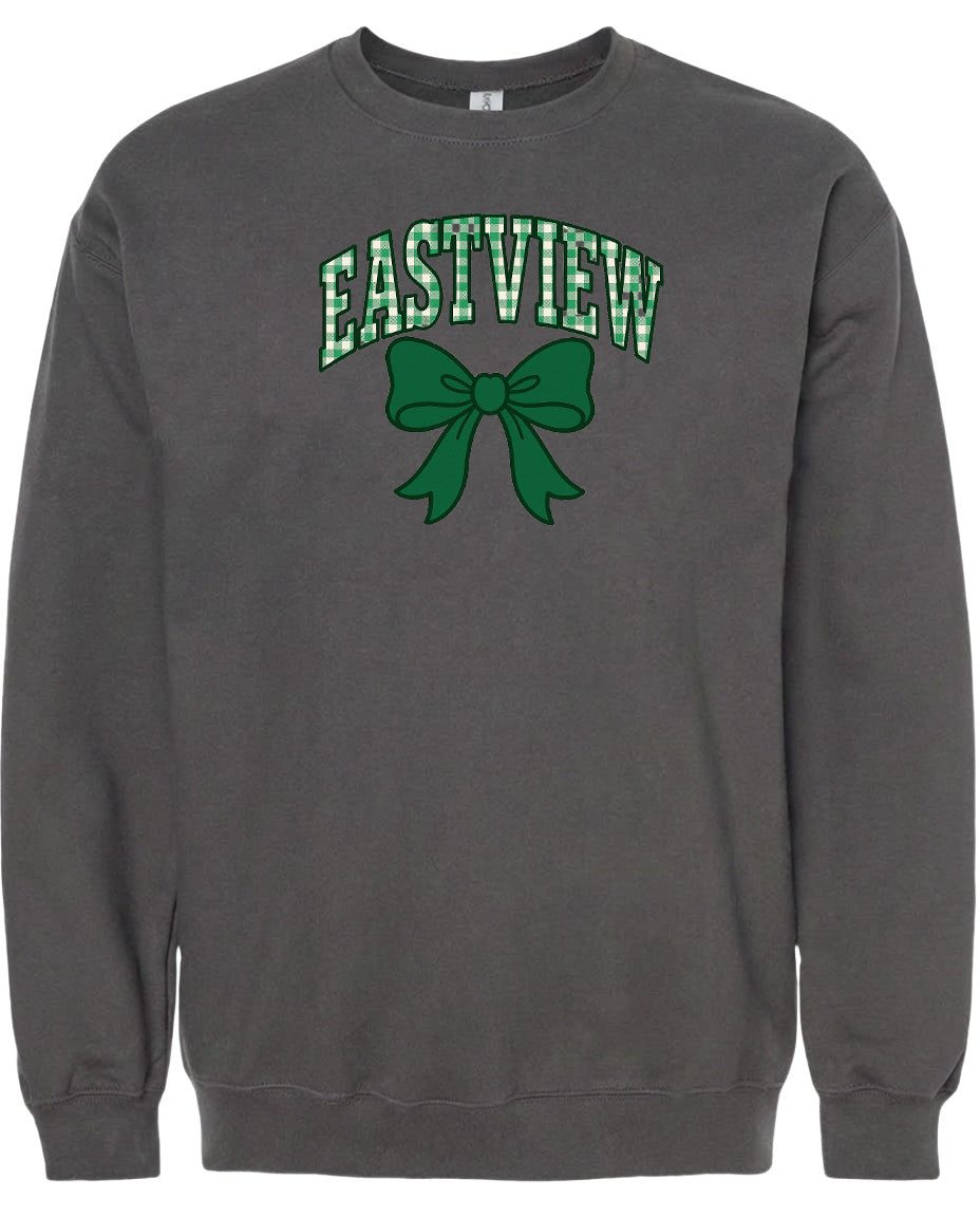 A gray sweatshirt with a green bow and the word "EASTVIEW" printed on it.