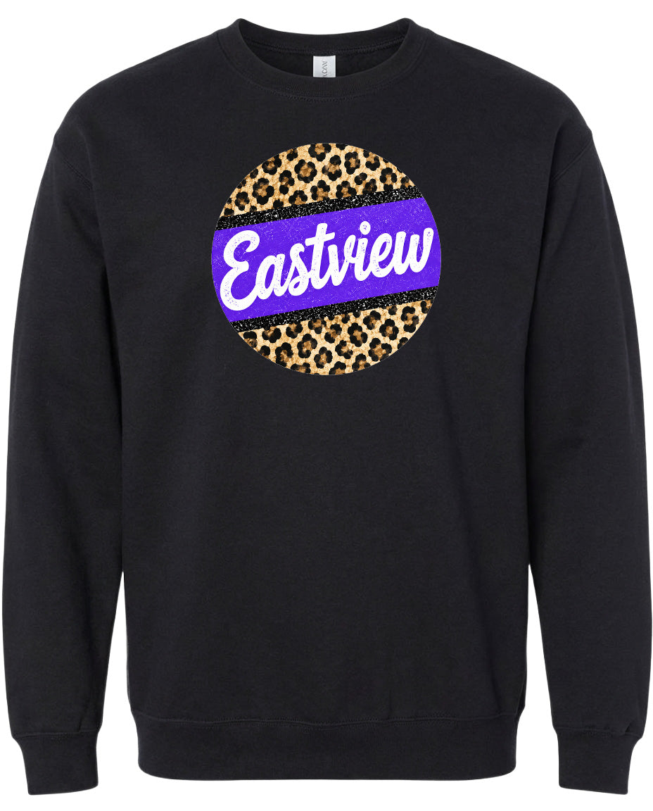 A black sweatshirt with a purple and leopard print circular logo on the front.