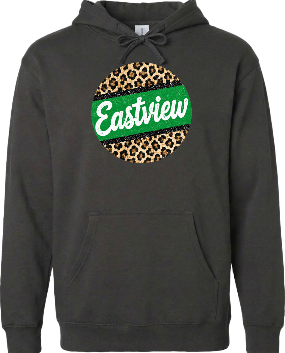 A black hoodie with a circular design on the front featuring a leopard print pattern and the word "Eastview" written in white text.