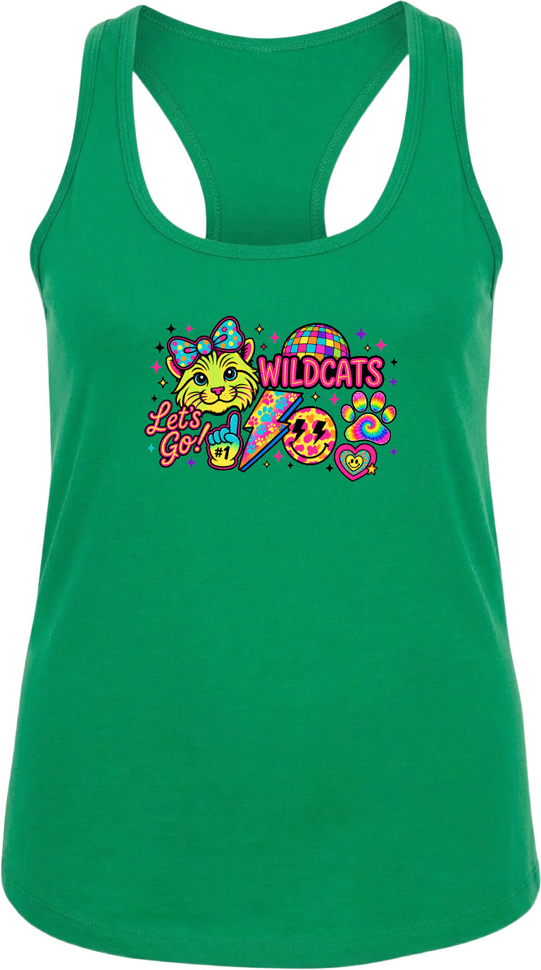 A green tank top with a colorful graphic design featuring a cat, a rainbow, and the text "Wildcats" along with a peace sign.