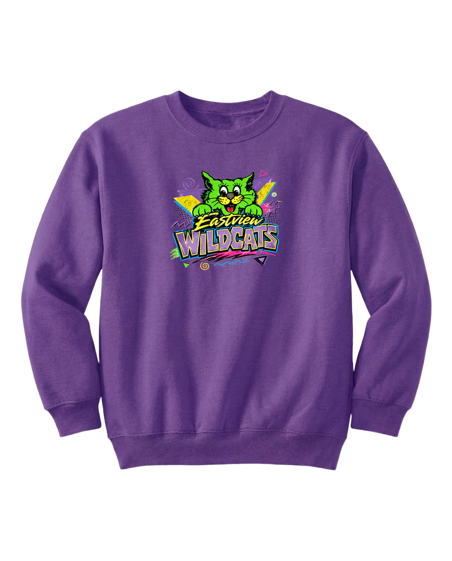 A purple sweatshirt with a graphic design featuring a cartoon owl and the text "EAST VIRGIN WILDCATS".