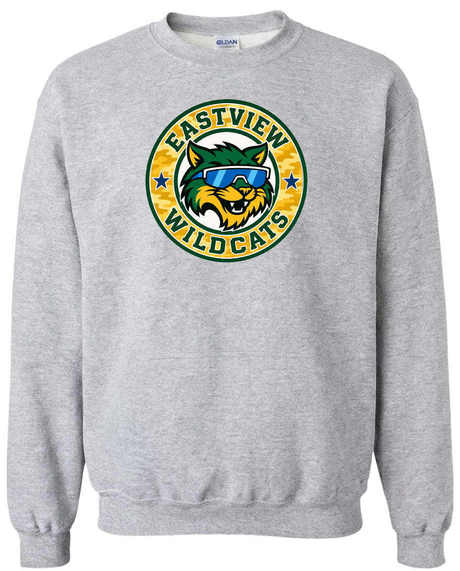 A gray sweatshirt with a graphic design featuring a cartoon cat wearing sunglasses and surrounded by a circular logo with the text "EASTVIEW WILDCATS".