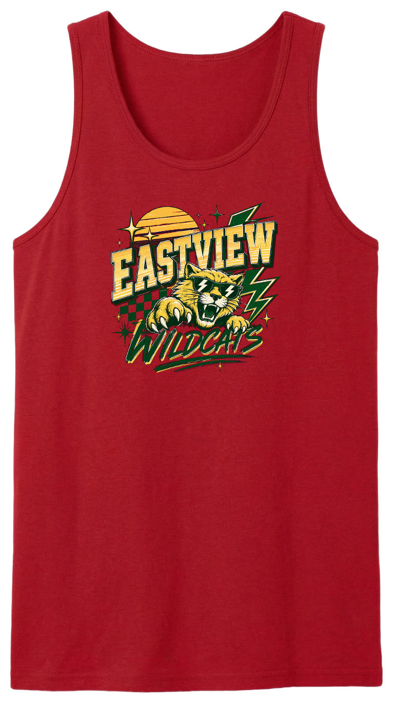 A red tank top with a graphic design featuring a cat and the text "EASTVIEW WILDCATS" printed on it.
