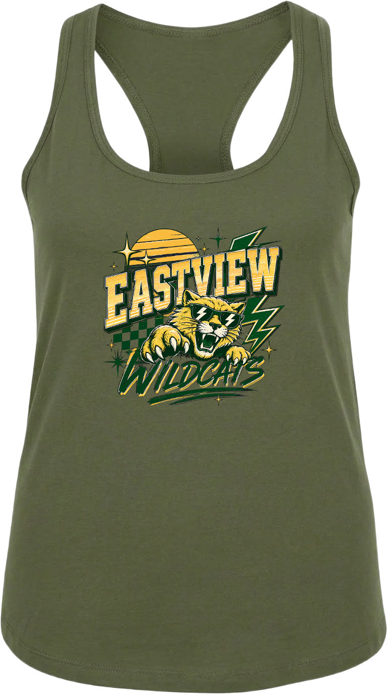 A green tank top with a graphic design featuring a tiger and the text "EASTVIEW WILDCATS".