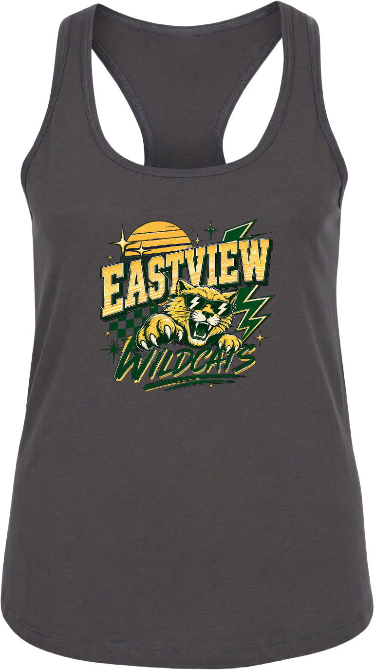 A gray tank top with a graphic design featuring a cat and the text "EASTVIEW WILDCATS" printed on it.
