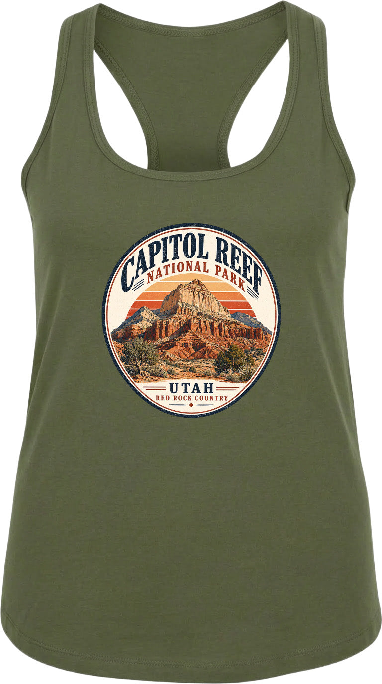 A green tank top with a circular graphic design featuring the Capitol Reef National Park in Utah.