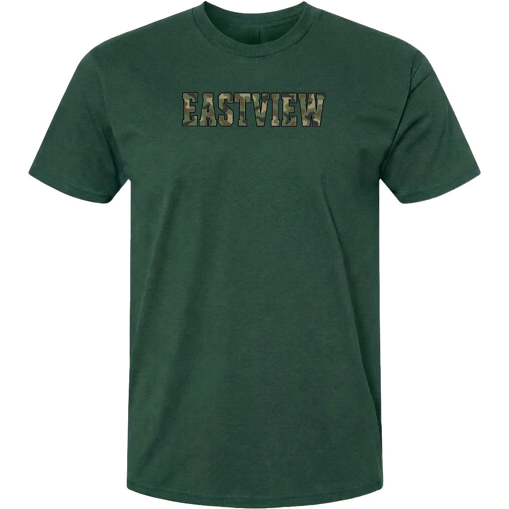 A dark green t-shirt with the word "EASTVIEW" printed on it in a camouflage pattern.
