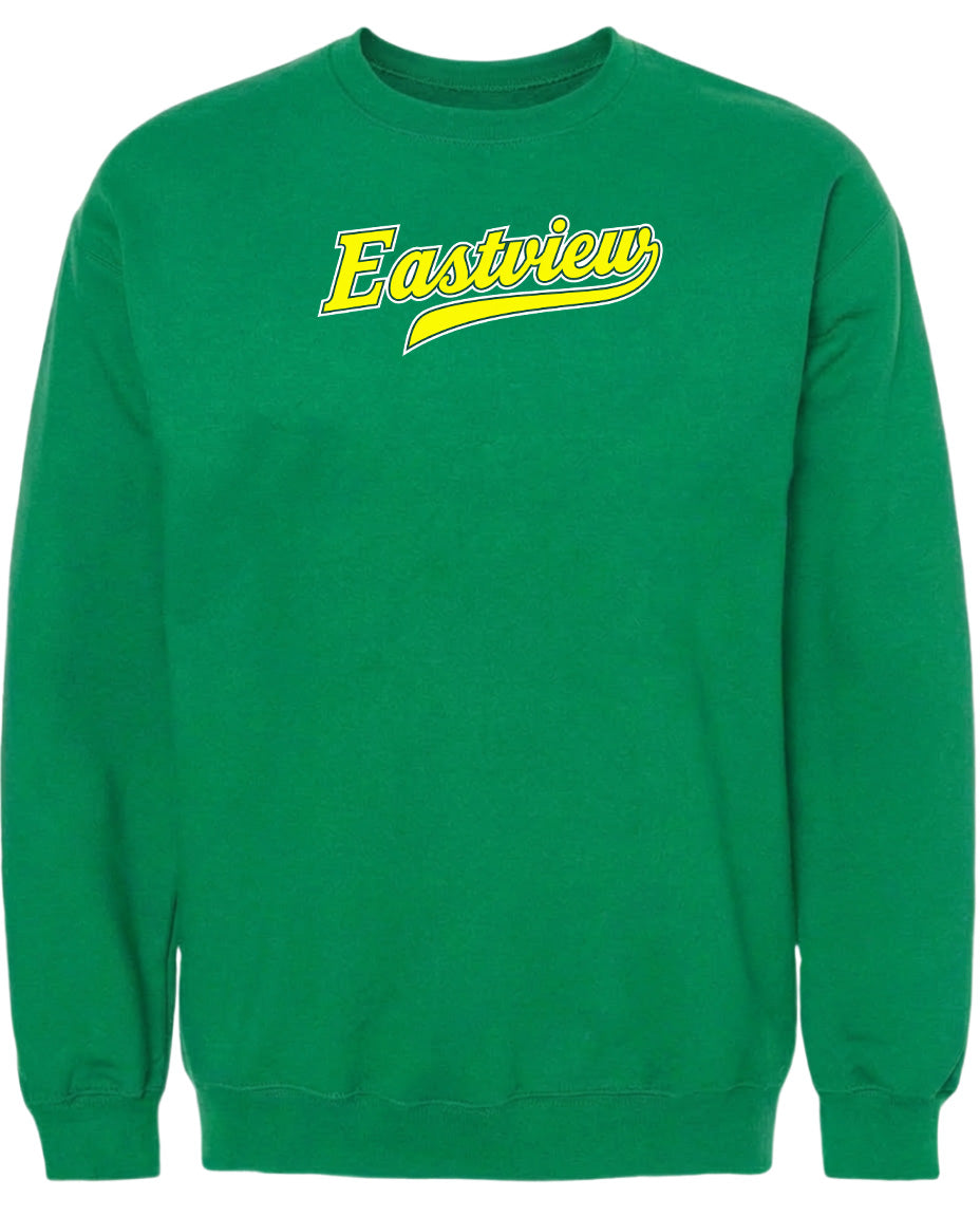 A bright green sweatshirt with the word "Eastview" printed on it in yellow text.
