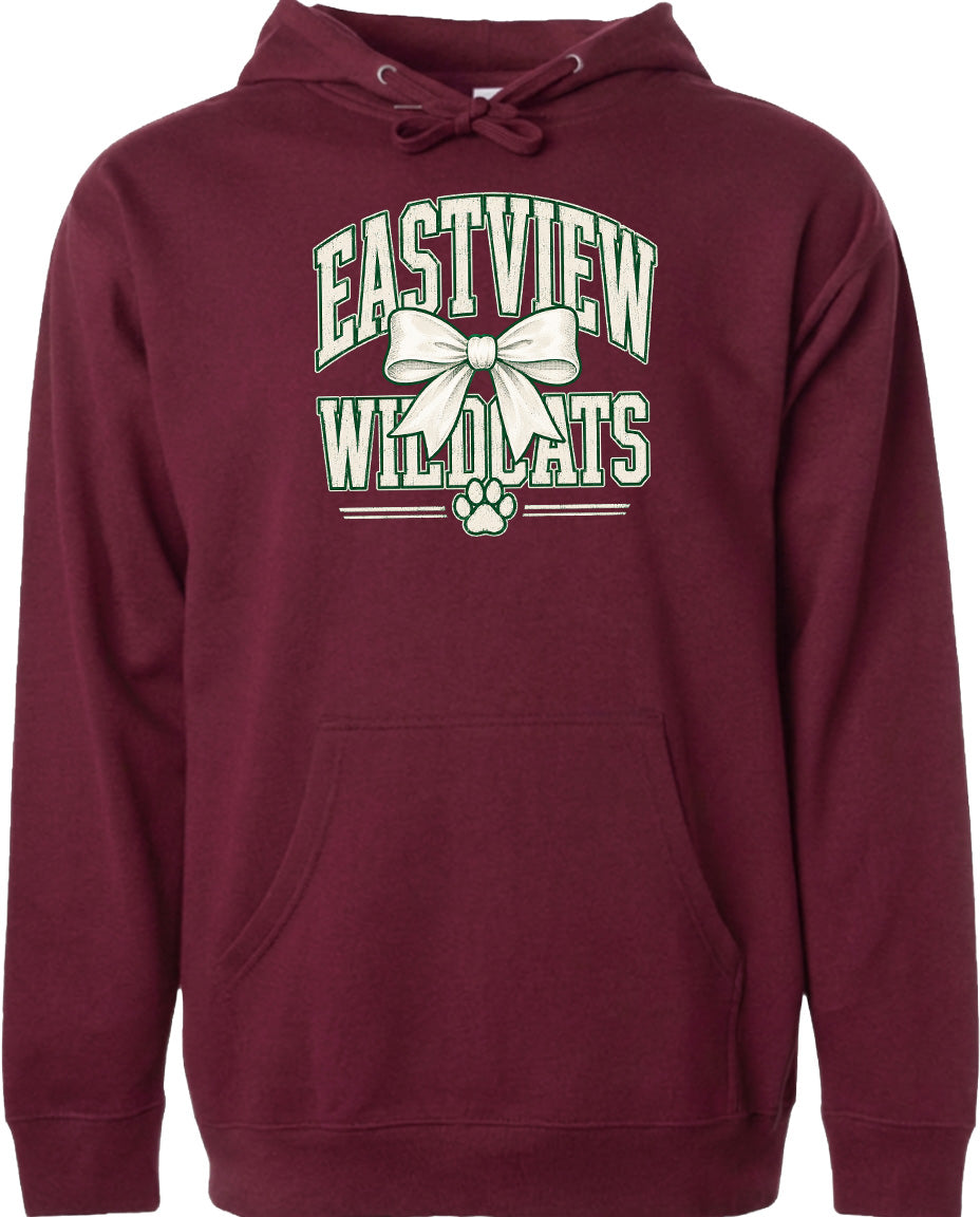 A burgundy-colored hoodie with a graphic design featuring the text "EASTVIEW WILDLIFE" and a white bow.