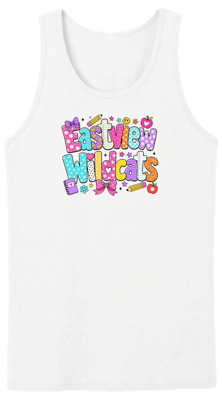 A white tank top with a colorful graphic design featuring the text "Eastview Wildcats" in a playful, cartoon-like font.