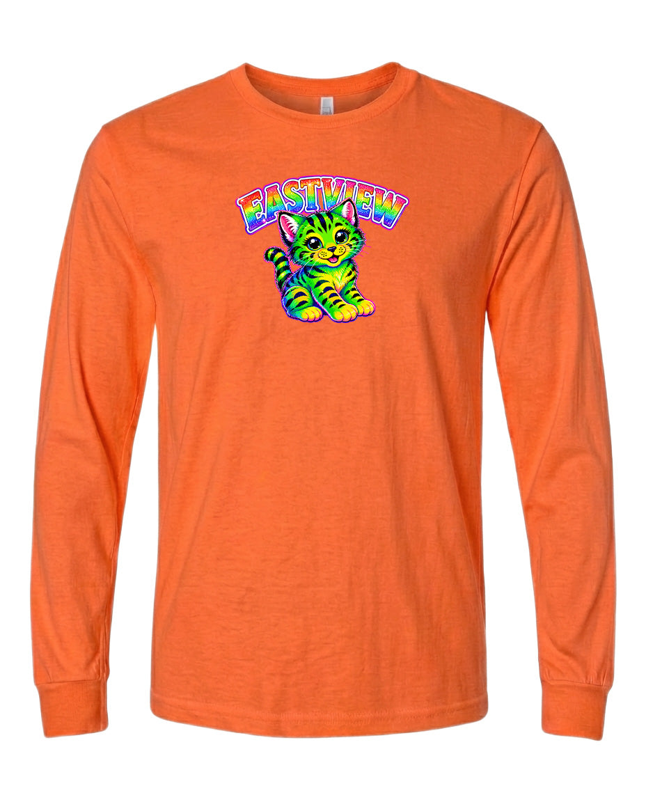 a long-sleeved orange t-shirt with a colorful graphic of a cat and the text "EASTVIEW" printed on it.