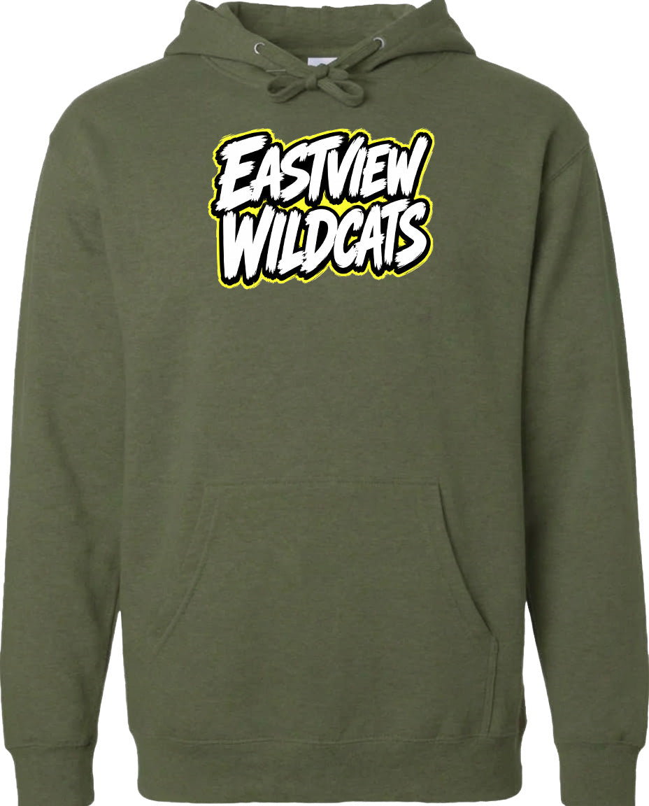 A green hoodie with the text "Eastview Wildcats" printed on it.