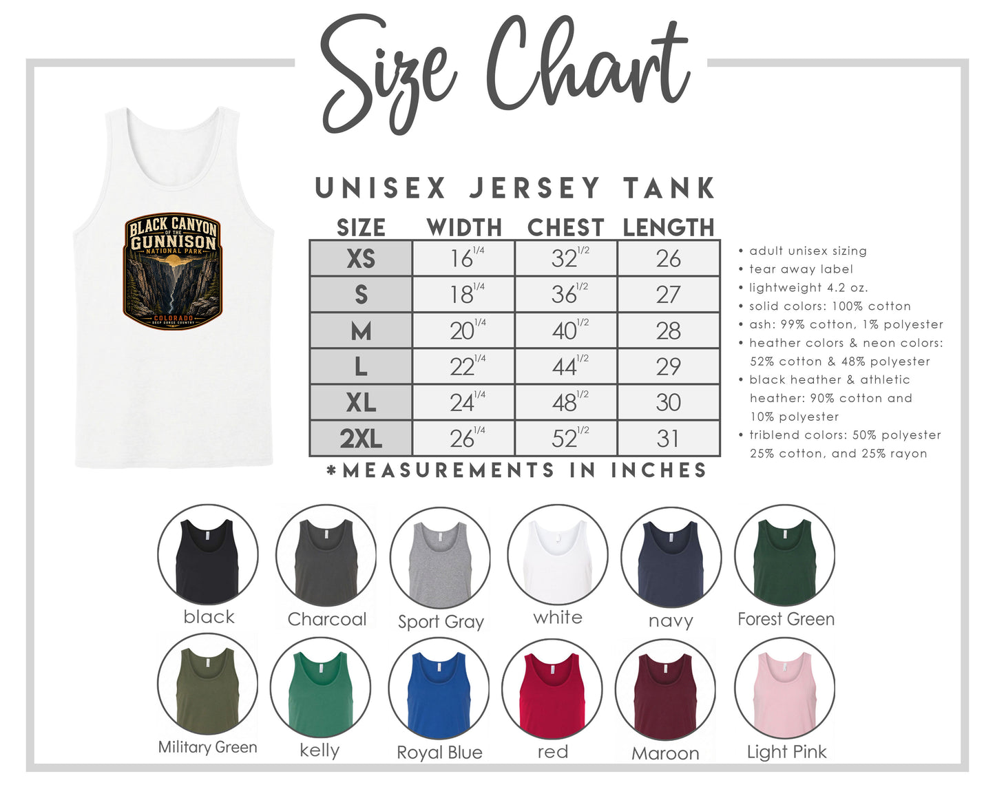 The image is a size chart for a unisex jersey tank, providing measurements for chest length, waist, and hip width. It includes a variety of tank colors and styles, such as black, charcoal, sport gray, navy, forest green, and more.