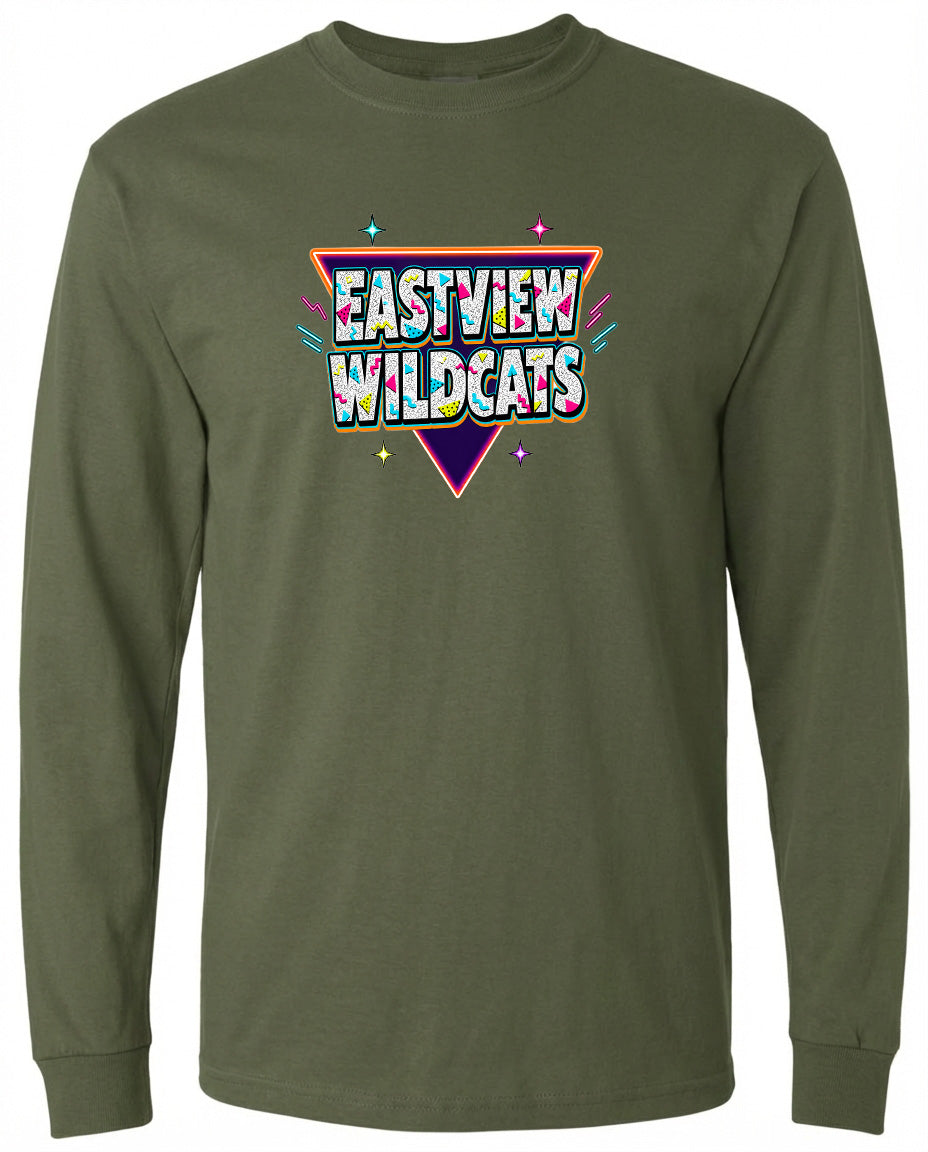 A long-sleeved olive green t-shirt with a colorful graphic design featuring the text "EASTVIEW WILDCATS" in a retro-style font.