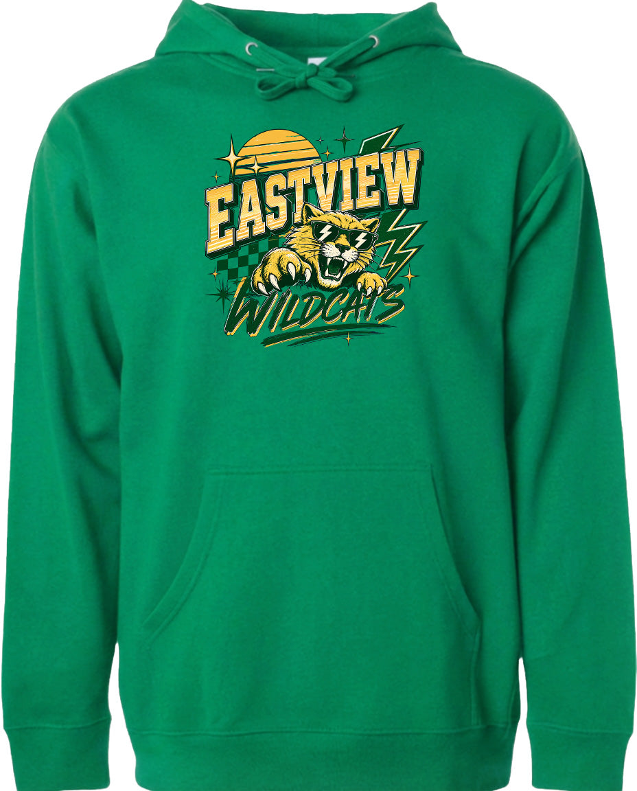 A green hoodie with a graphic design featuring a tiger and the text "EASTVIEW WILDCATS" printed on it.