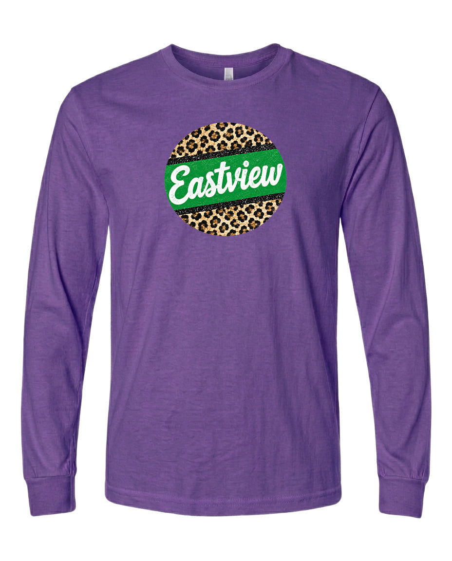 A purple long-sleeved t-shirt with a green and leopard print circular logo on the front.