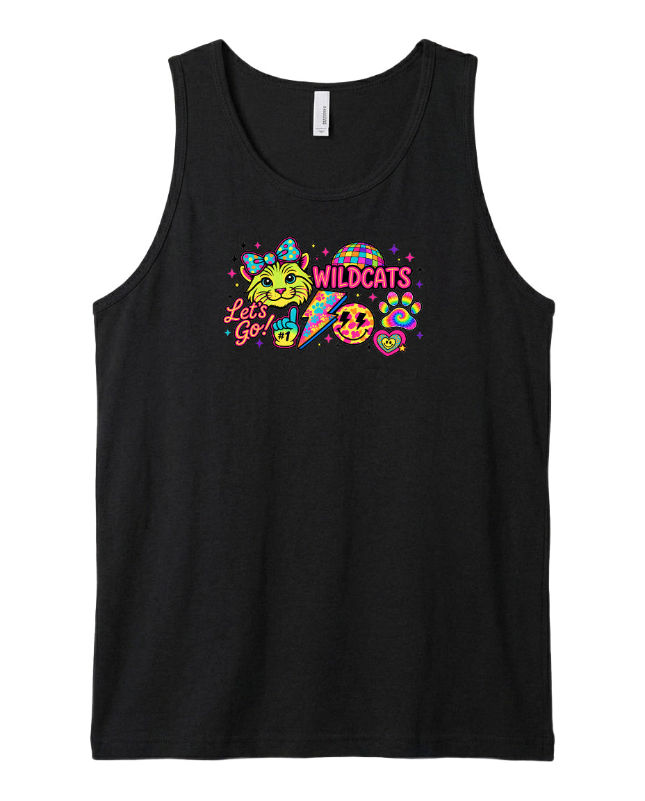 A black tank top with a colorful graphic design featuring a cat and the text "Let's Go" along with the word "Wildcats".