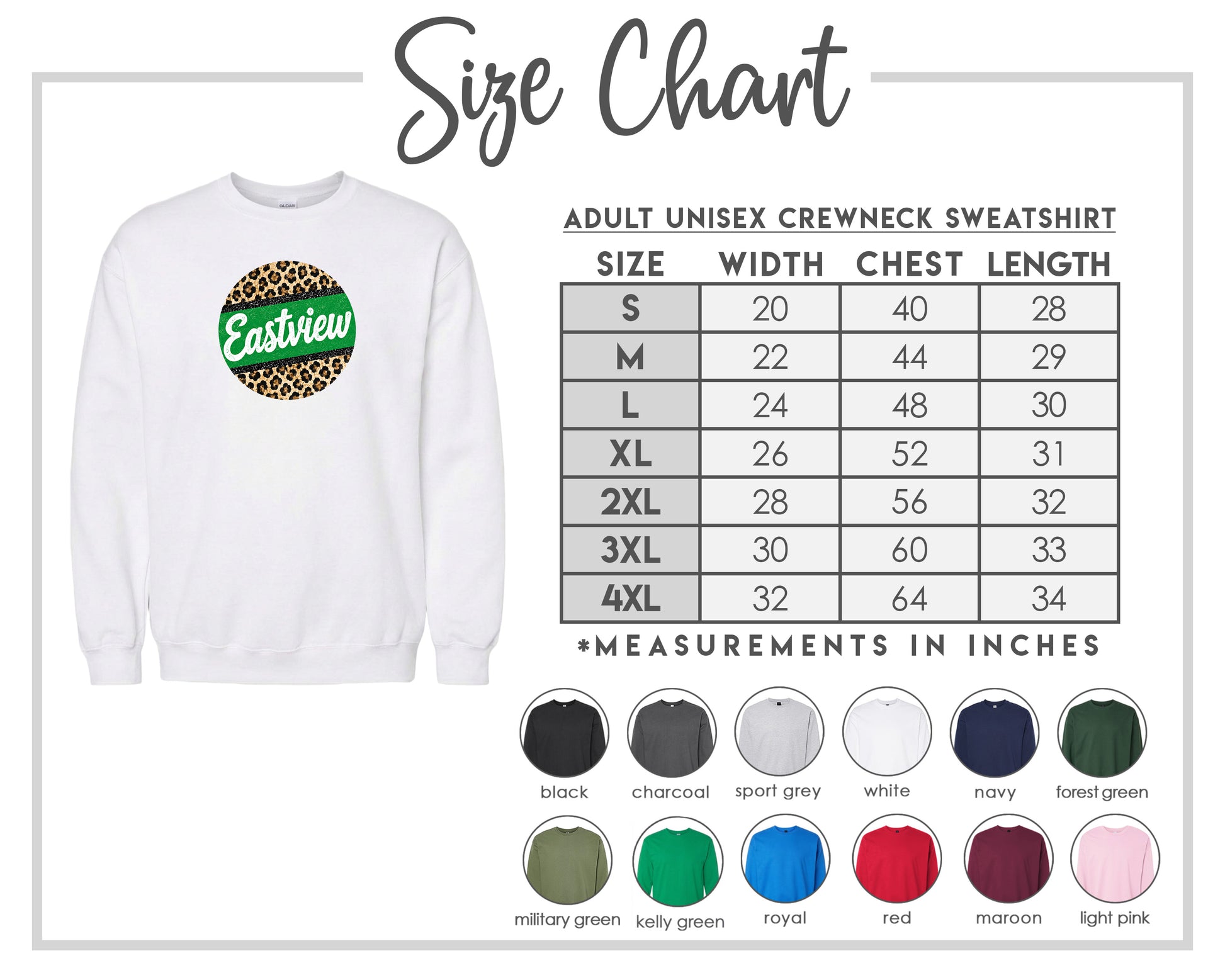 The image is a size chart for an adult unisex crewneck sweatshirt. It includes a white sweatshirt with a leopard print logo and a table with size and corresponding measurements.