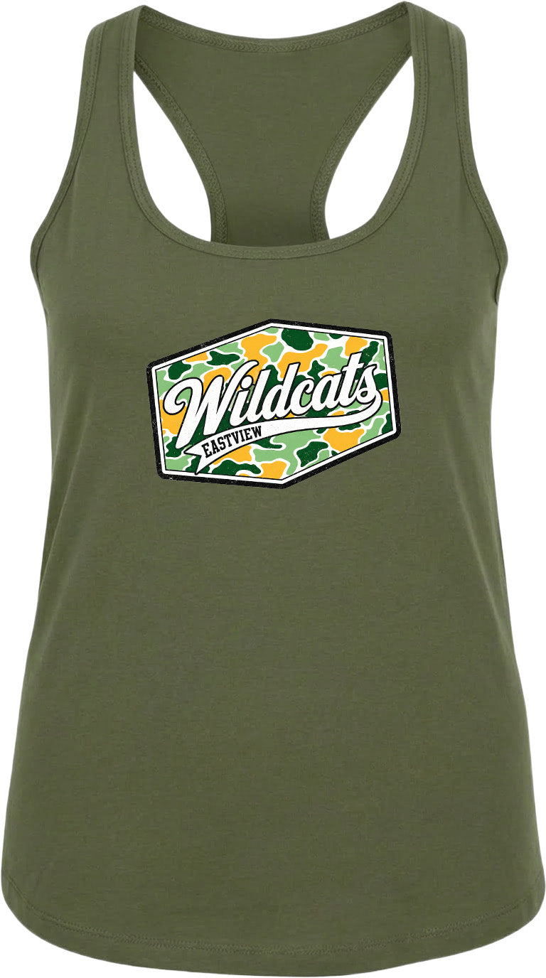 A green tank top with a graphic design featuring the text "Wildcats EASTVIEW" and a camouflage pattern.
