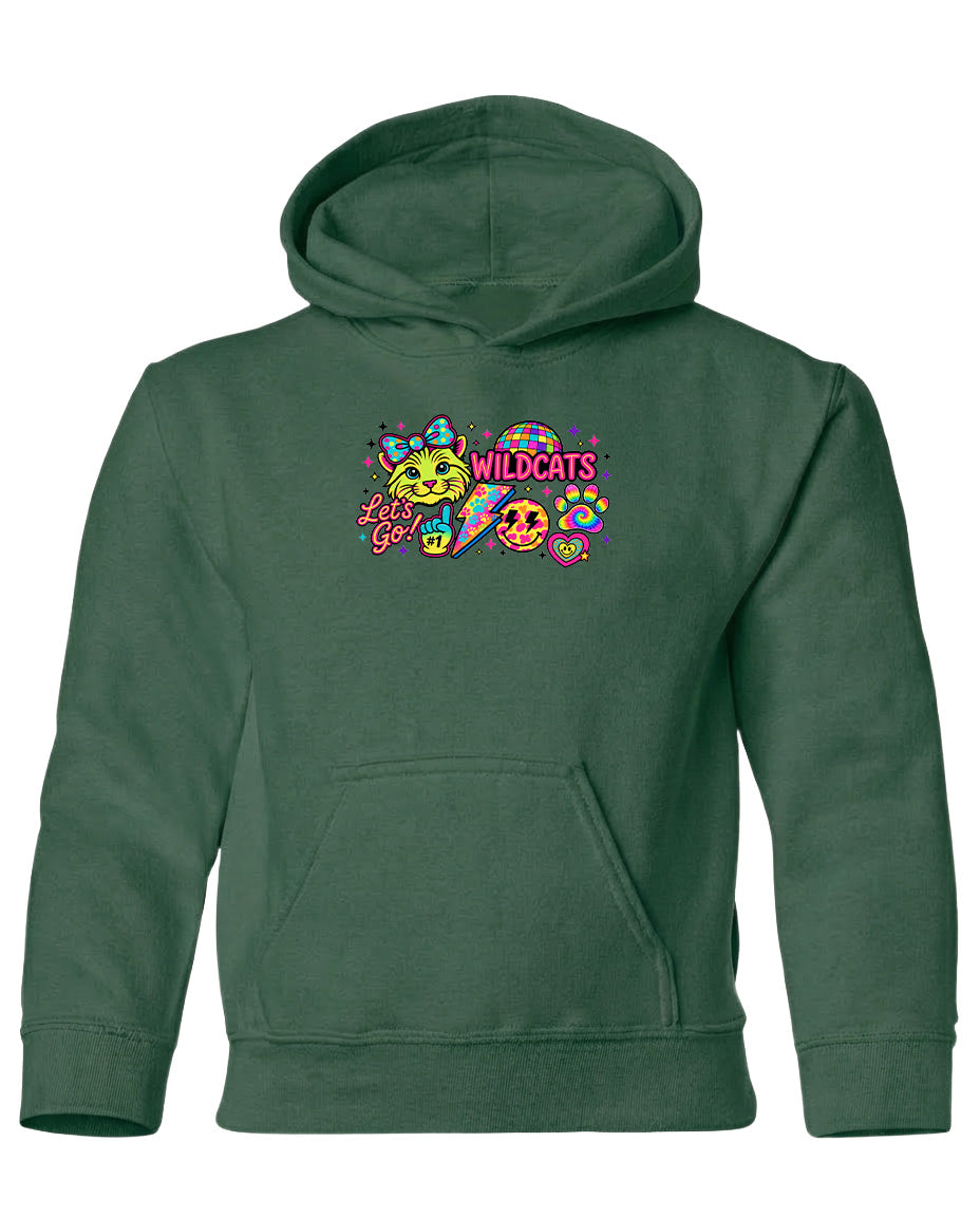 A green hoodie with a colorful graphic design featuring a cat and the text "WILDCATS" prominently displayed.