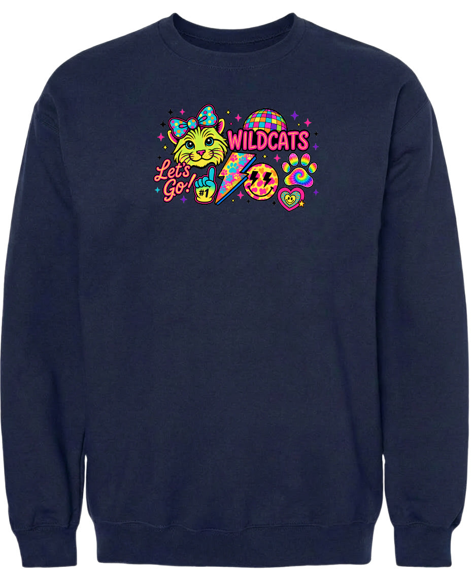 A navy blue sweatshirt with a colorful graphic design featuring a cat, a rainbow-colored globe, and various other whimsical elements.