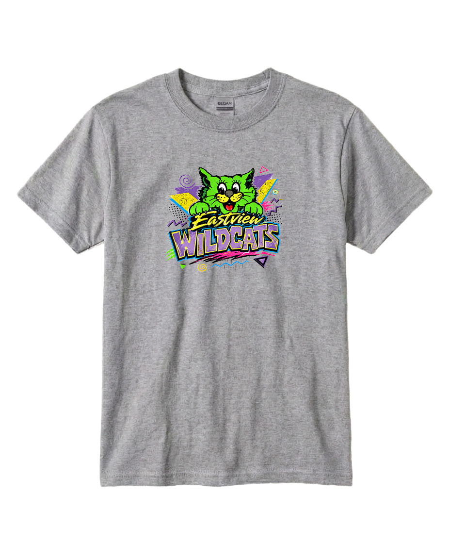 A gray t-shirt with a colorful graphic design featuring a cartoon cat and the text "Easton Wildcats".