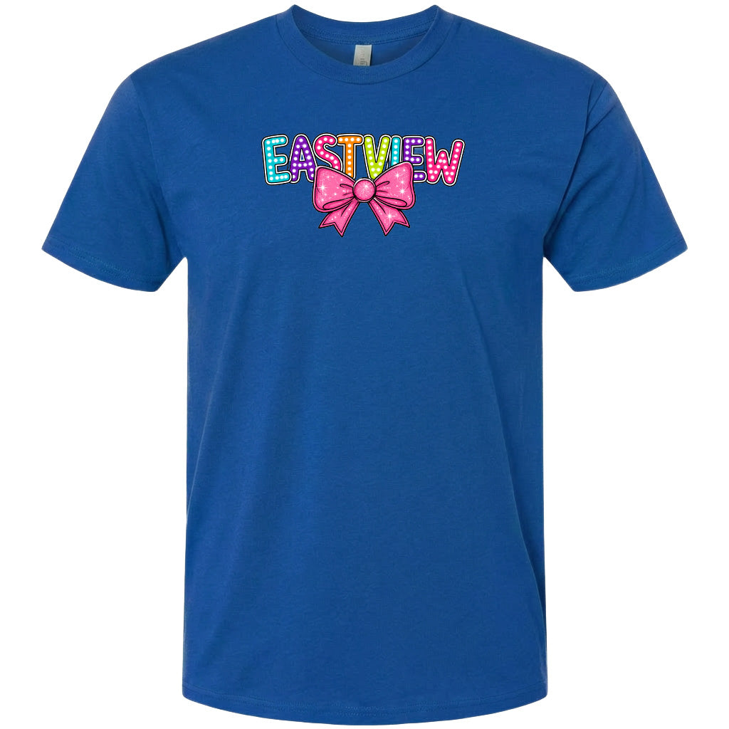 A blue t-shirt with the word "EASTVIEW" and a bow graphic printed on it.