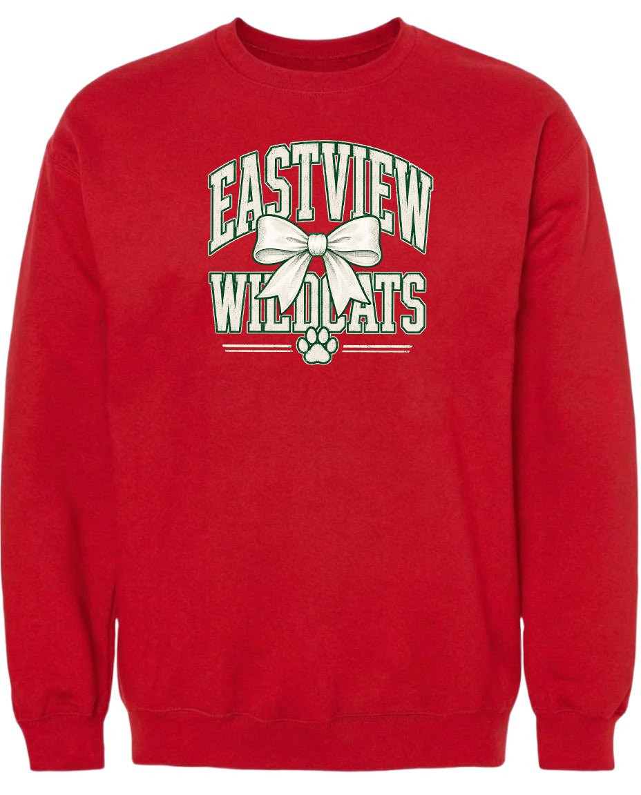 A red sweatshirt with a graphic design featuring the text "EASTVIEW WILDLOTS" and a white bow.