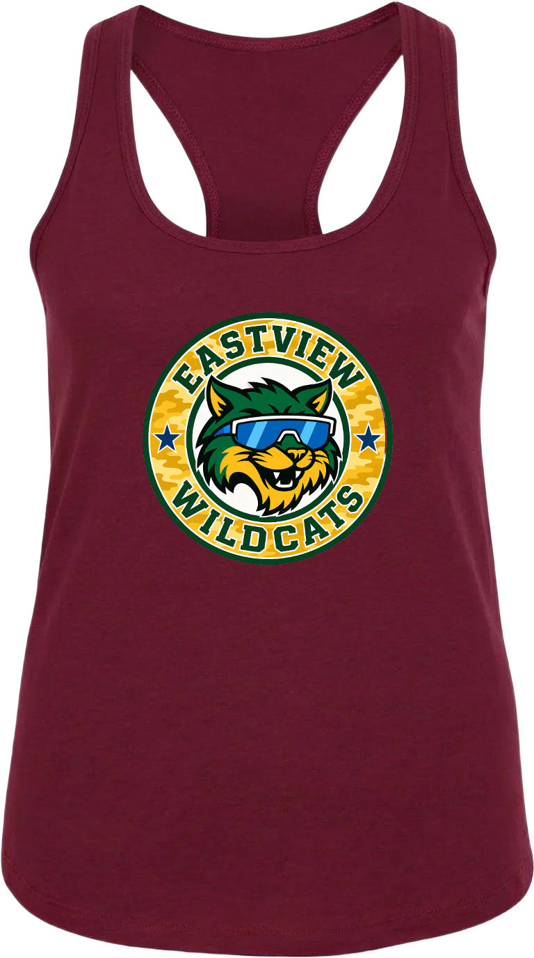 A burgundy tank top with a graphic design featuring a cat wearing sunglasses and the text "EASTVIEW WILDCATS".