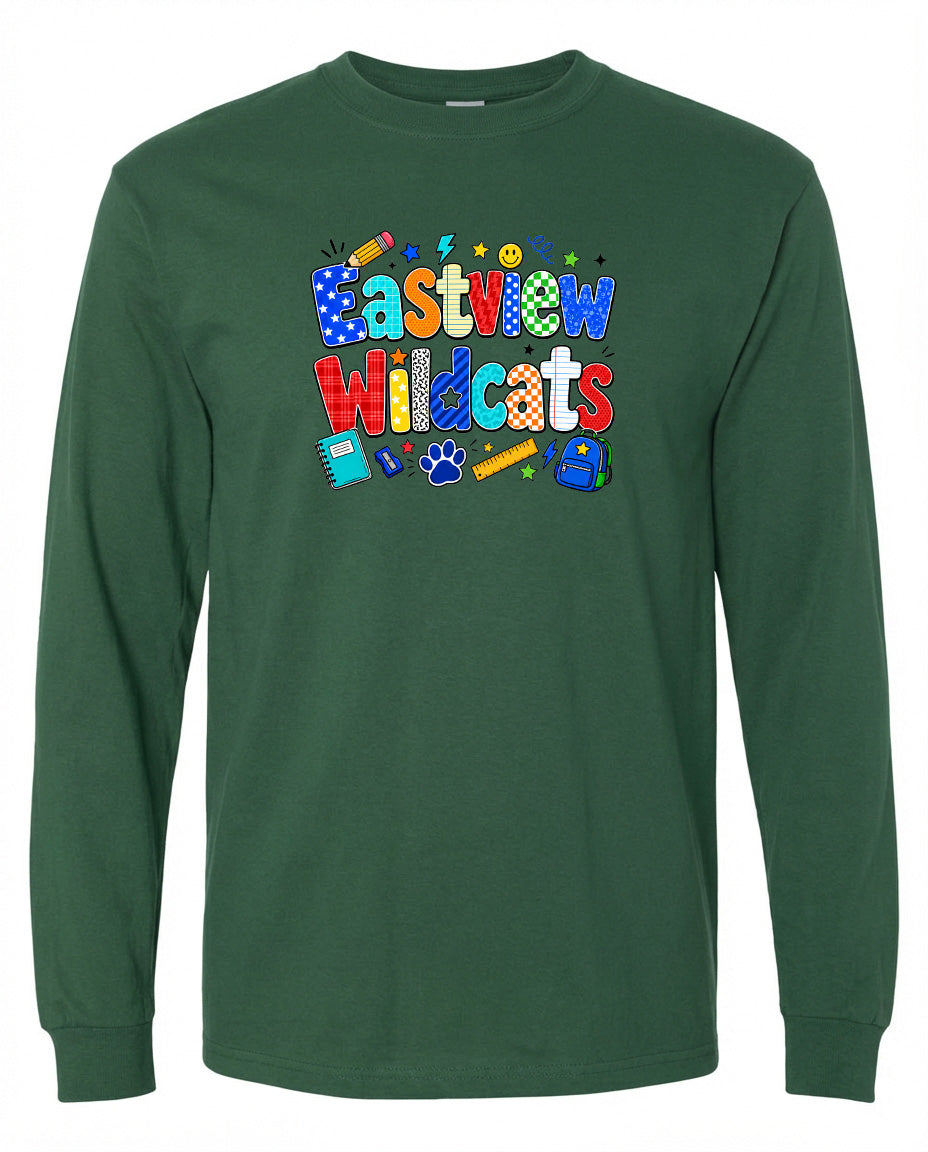 A green long-sleeved shirt with a colorful graphic design featuring the text "Eastview Wildcats" and various school-related icons such as a backpack, pencil, and book.