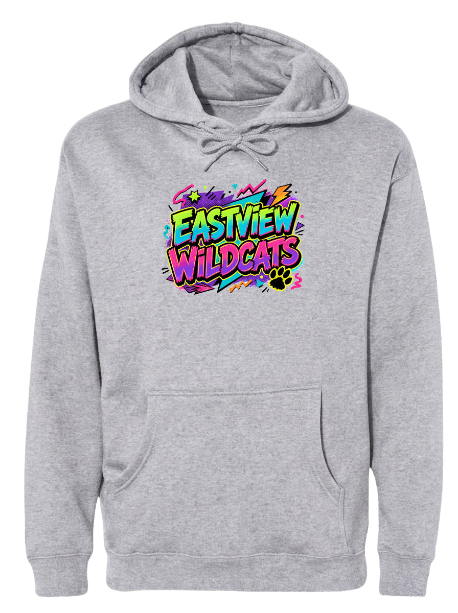 A gray hoodie with a colorful graphic design on the front.