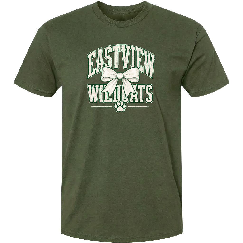 A green t-shirt with a graphic design featuring the text "EASTVIEW WILDLIFE" and a bow.