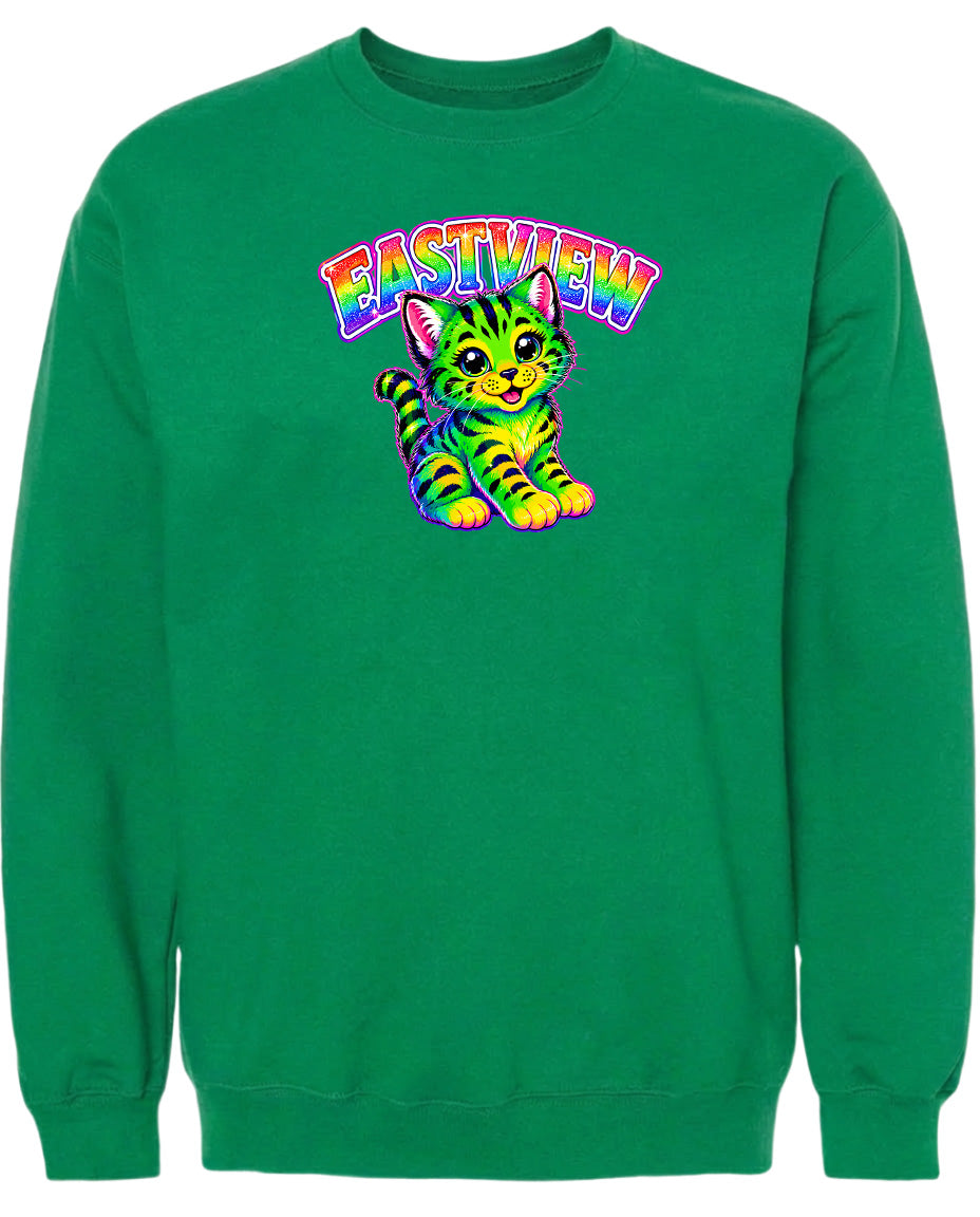 A green sweatshirt with a colorful graphic of a cat and the word "EASTVIEW" printed on it.