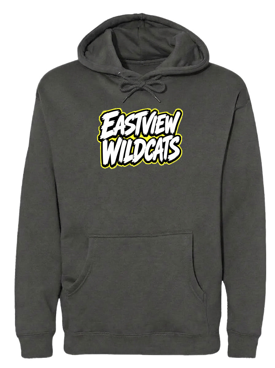 A gray hoodie with a yellow and white logo that says "Eastview Wildcats".