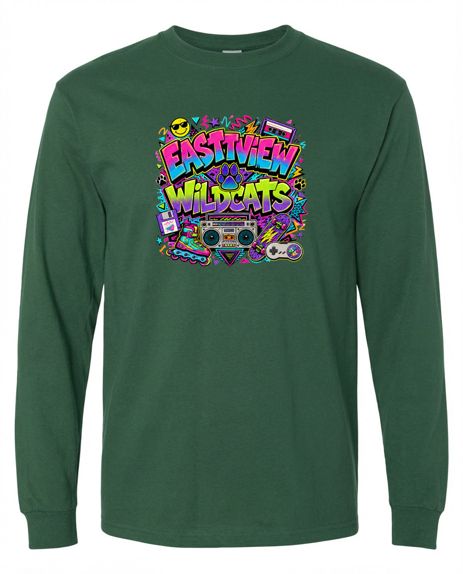 A long-sleeved green t-shirt with a colorful graphic design featuring a boombox, sunglasses, and various other elements.