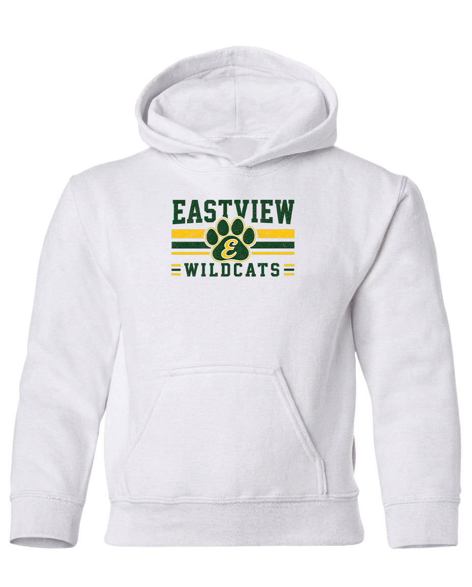 A white hoodie with a graphic design featuring the text "EASTVIEW WILDCATS" and a paw print logo.