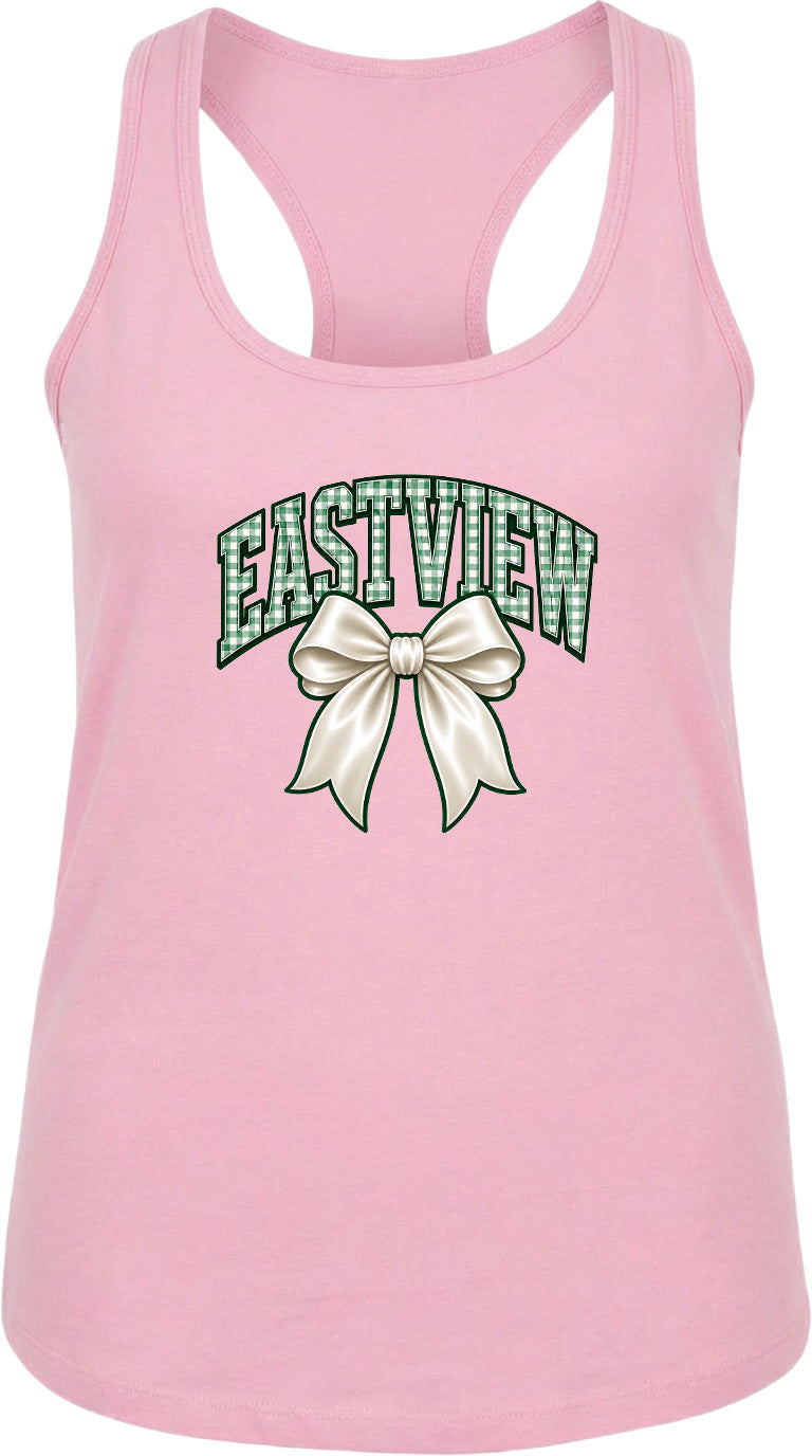 A pink tank top with a graphic design featuring a bow and the word "EASTVIEW" printed on it.