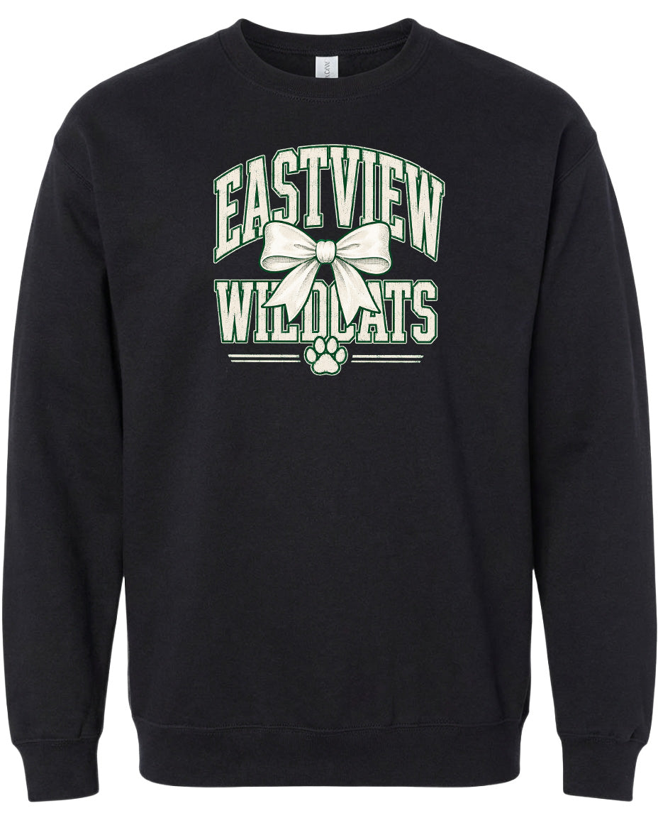 A black sweatshirt with a graphic design featuring the text "EASTVIEW WILDCATS" and a bow.