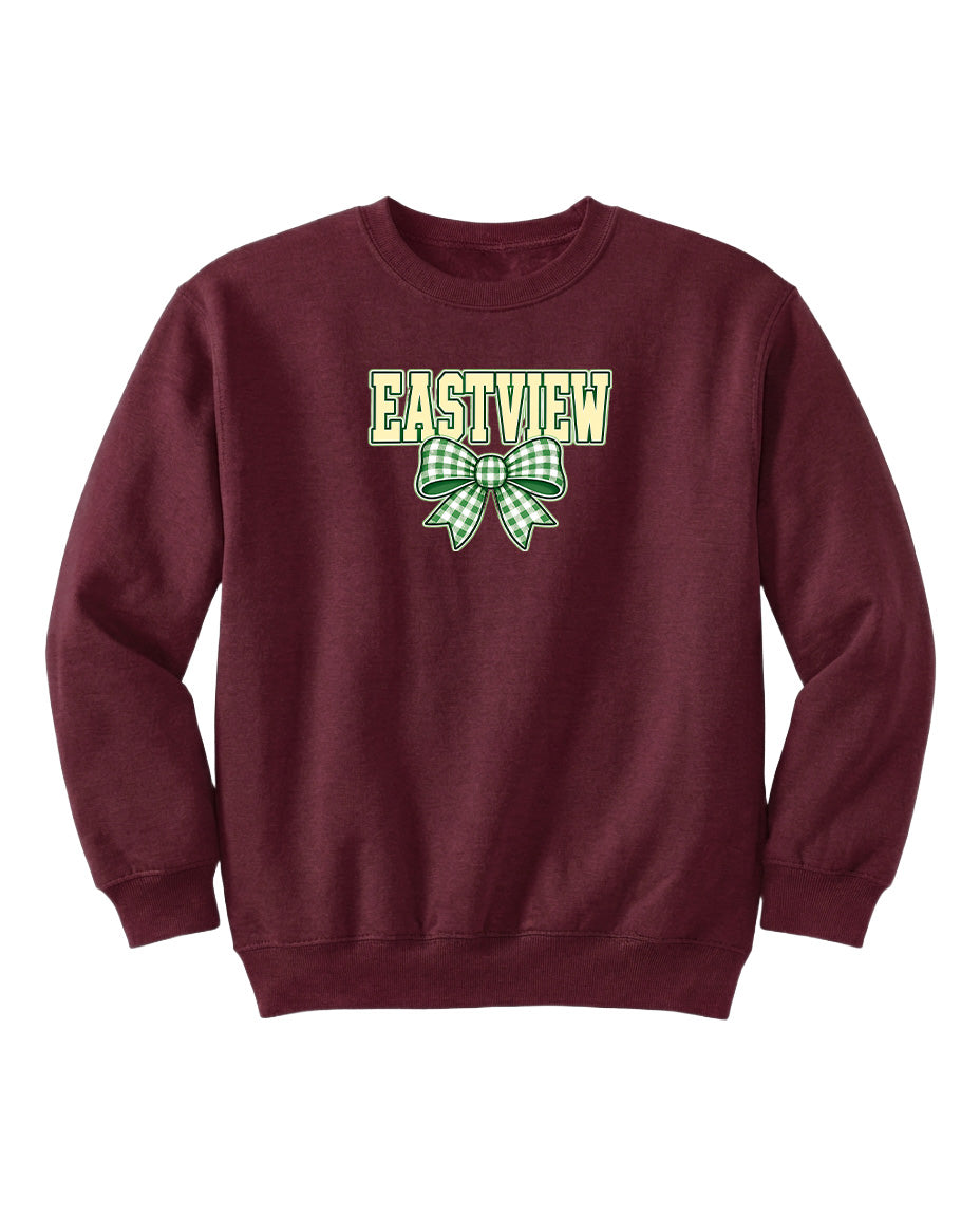 A burgundy sweatshirt with the text "EASTVIEW" and a green and white bow graphic printed on it.