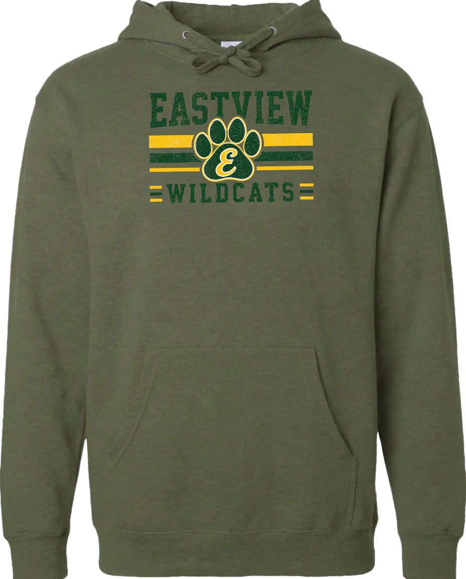 A green hoodie with a graphic design featuring a paw print and the text "EASTVIEW WILDCATS" printed on it.
