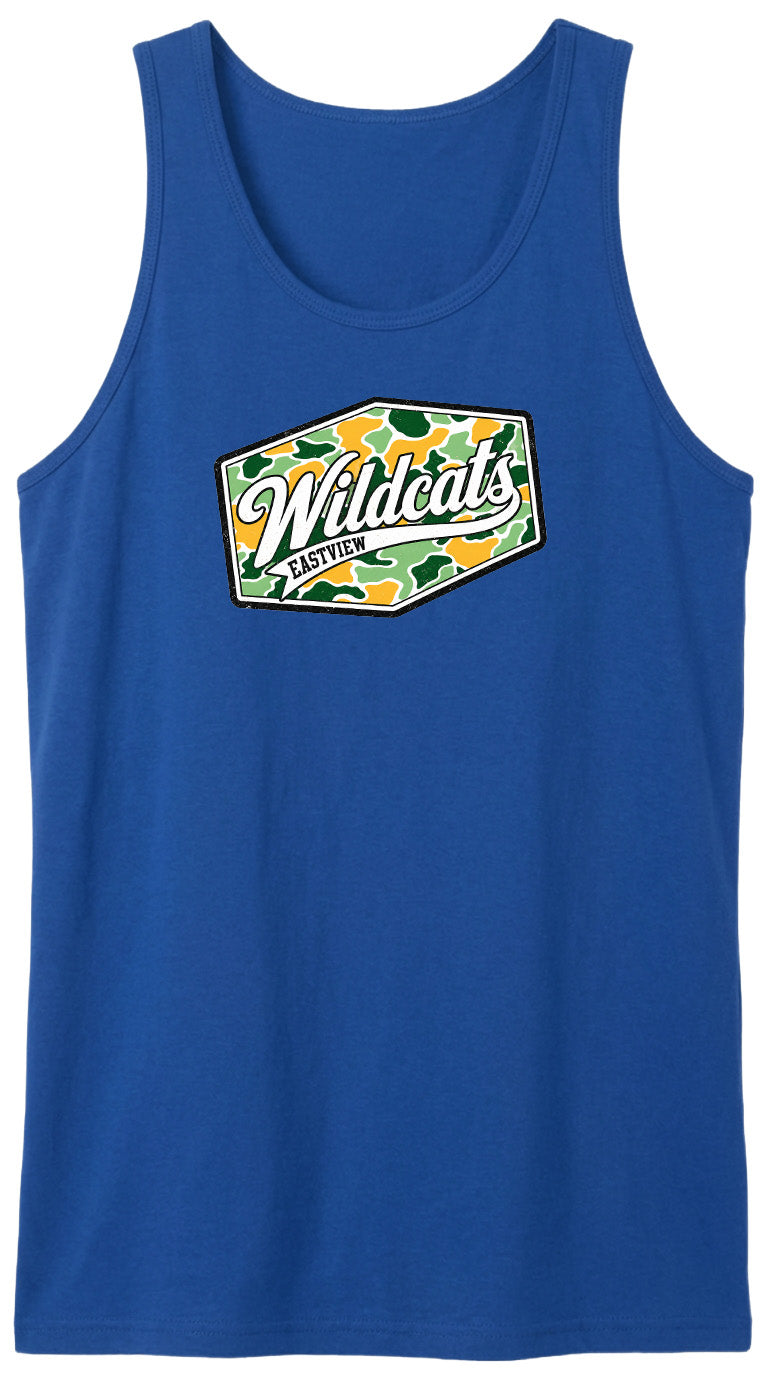 A blue tank top with a graphic design featuring the text "Wildcats" and a camouflage pattern.