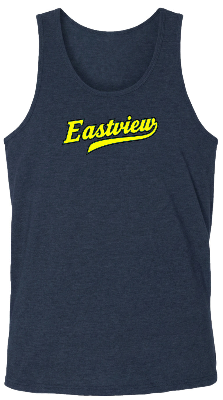 A navy blue tank top with the word "Eastview" printed in yellow on the front.
