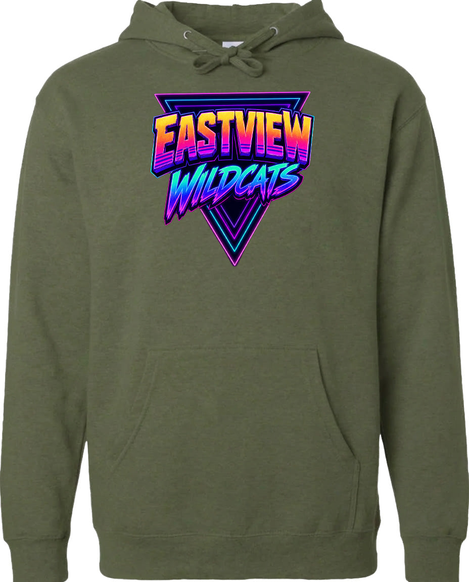 A green hoodie with a graphic design featuring the text "EASTVIEW WILDCATS" in a colorful, retro-style font.