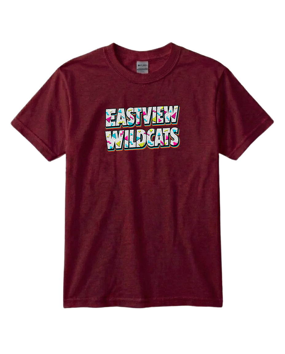 A burgundy-colored t-shirt with the text "EASTVIEW WILDCATS" printed on it.