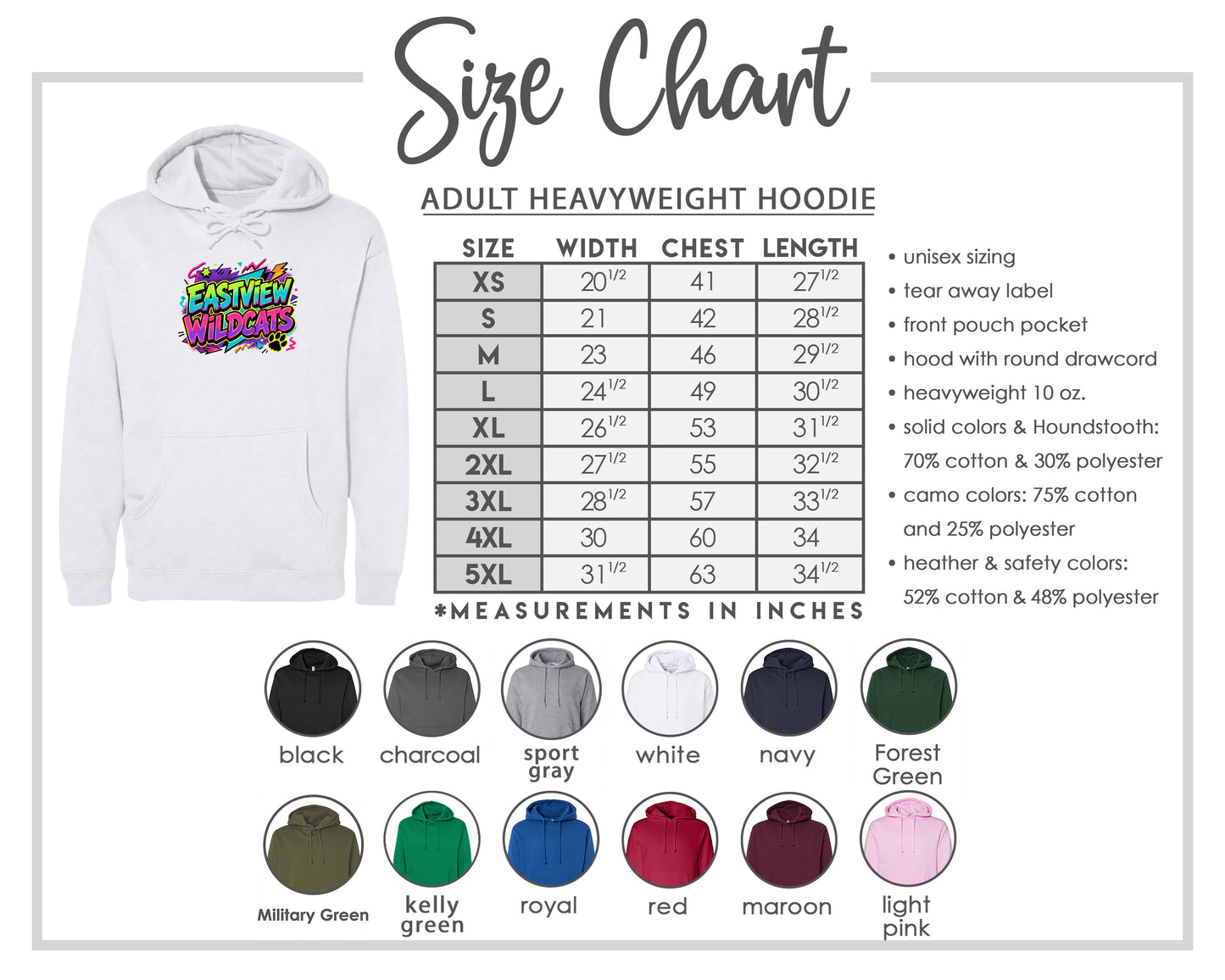 The image is a size chart for an adult heavyweight hoodie, including various color options and measurements in inches.