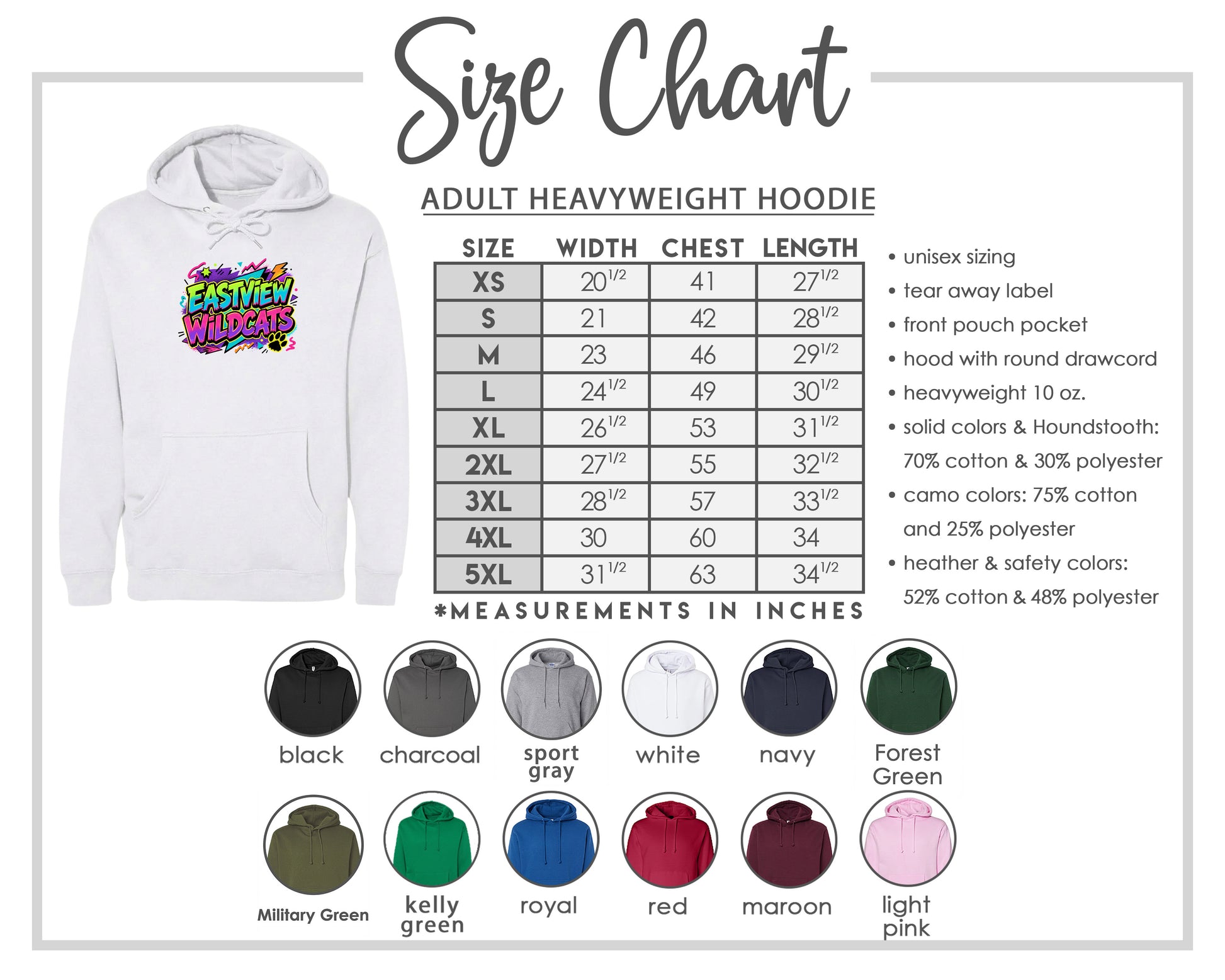 The image is a size chart for an adult heavyweight hoodie, including various color options and measurements in inches.